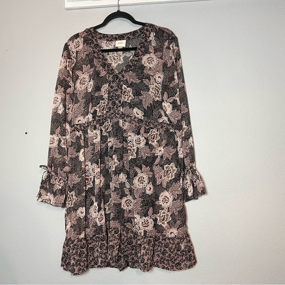Knox Rose Mini Dress Floral Boho Long Sleeve V-Neck Size Large Brown - Picture 4 of 14